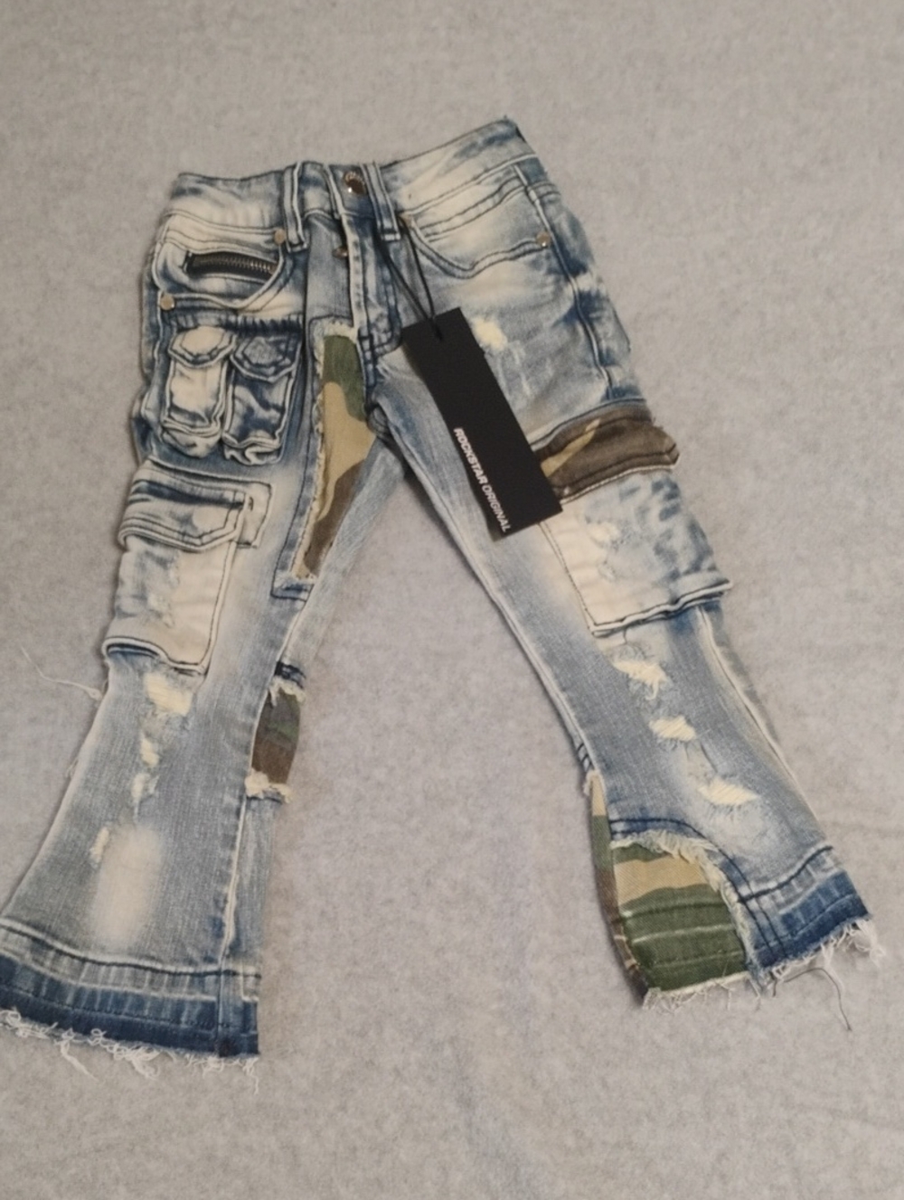 Kids Light Wash Distressed Cargo Jeans with Camo Patch Detail